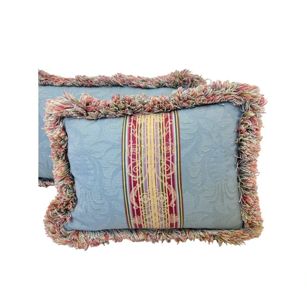 Blue Damask Lumbar Throw Pillows Down Filled Set of 2 w/Multi Color Brush Fringe